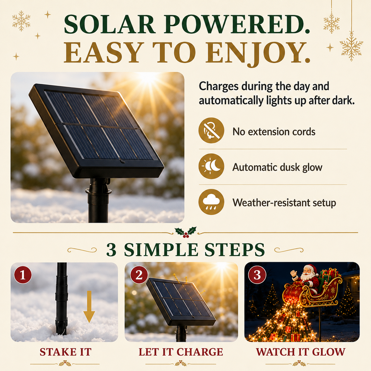 Clausglow - Solarbetriebene Weihnachtsdekoration mit fliegendem Schlitten