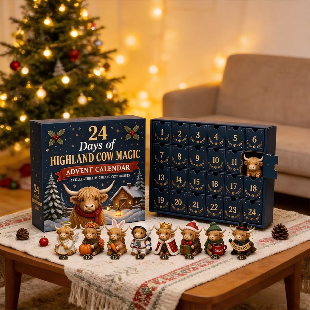 Cowvent - Adventskalender mit Highland-Kuh-Motiven und 24 Anhängern