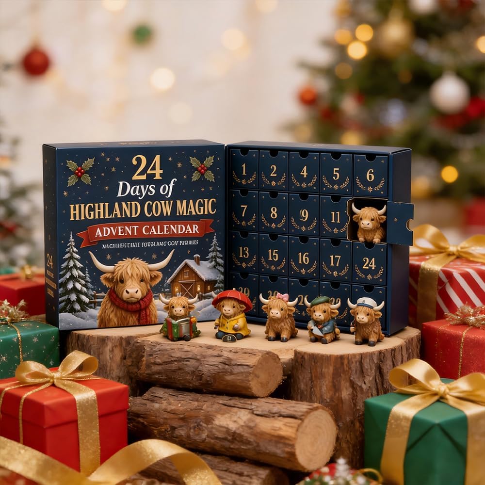 Cowvent - Adventskalender mit Highland-Kuh-Motiven und 24 Anhängern