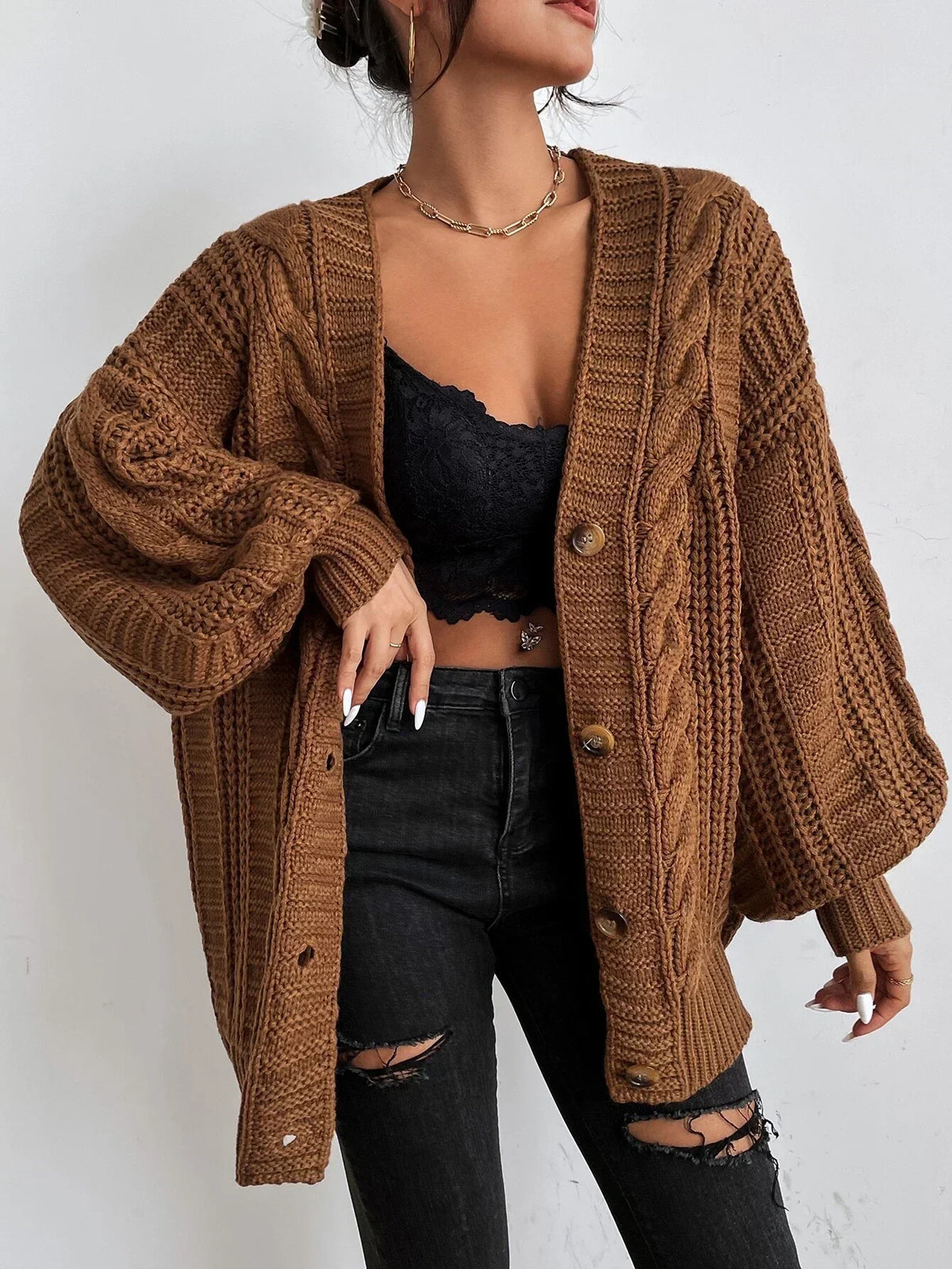 Cardivex - Damen-Strickjacke mit V-Ausschnitt und durchgehendem Zopfmuster
