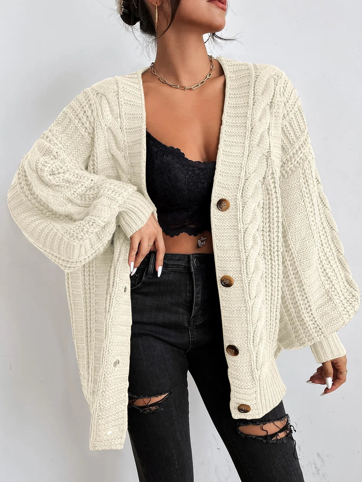 Cardivex - Damen-Strickjacke mit V-Ausschnitt und durchgehendem Zopfmuster