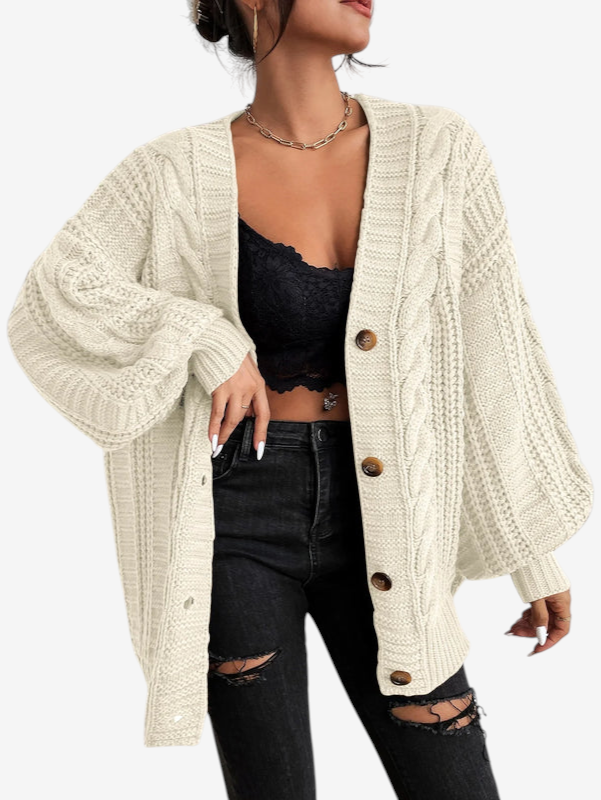 Cardivex - Damen-Strickjacke mit V-Ausschnitt und durchgehendem Zopfmuster