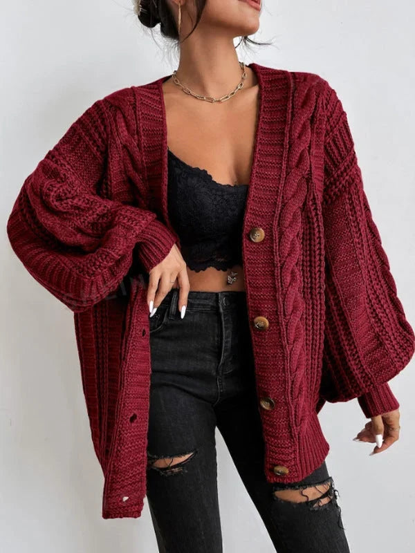 Cardivex - Damen-Strickjacke mit V-Ausschnitt und durchgehendem Zopfmuster