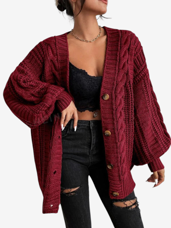 Cardivex - Damen-Strickjacke mit V-Ausschnitt und durchgehendem Zopfmuster