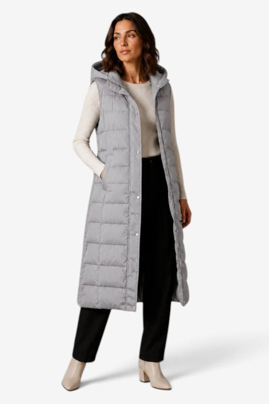 Puff - Langes gesteppte Gilet für Damen mit verstellbarer Kapuze und Stehkragen