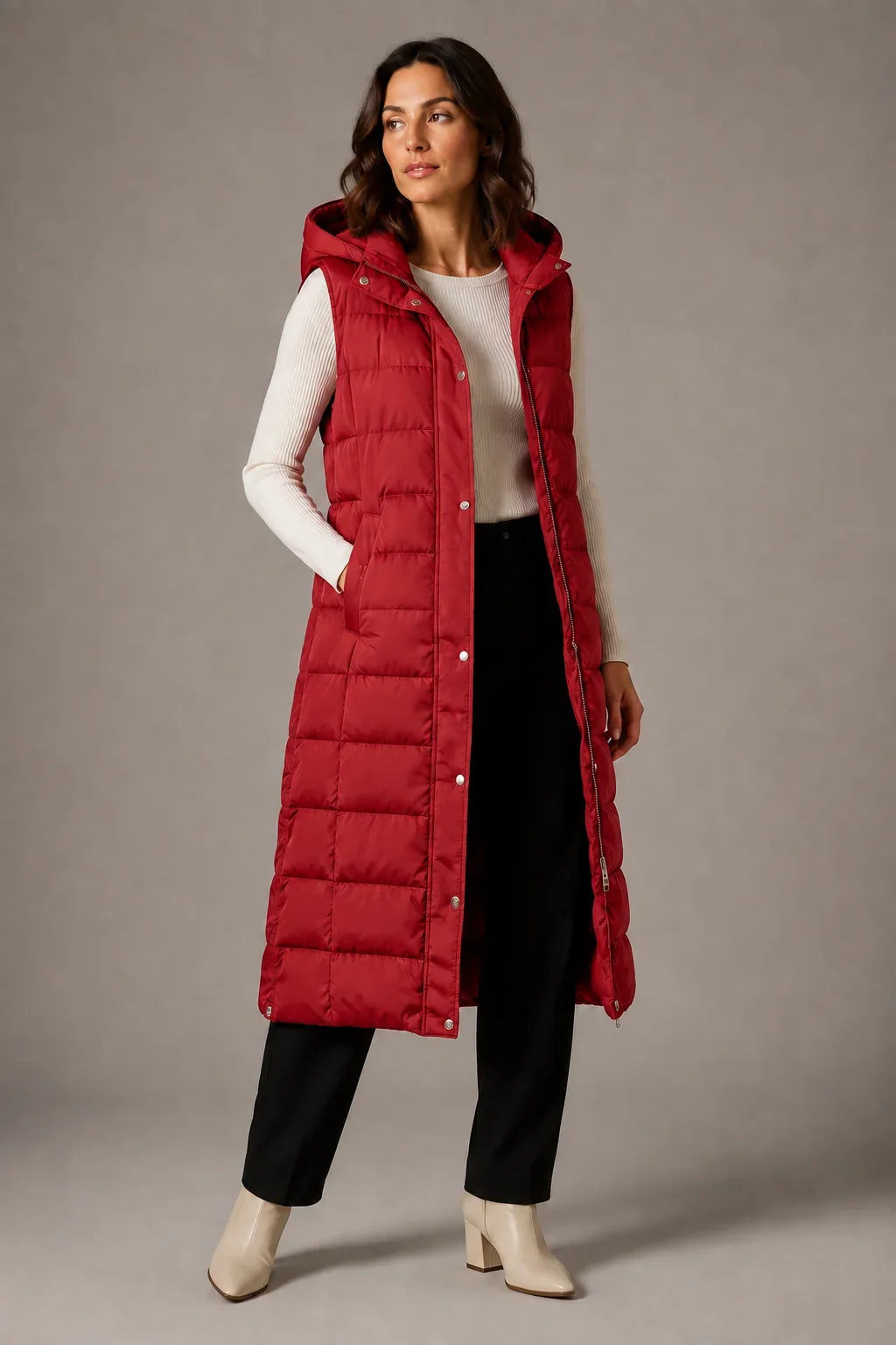 Puff - Langes gesteppte Gilet für Damen mit verstellbarer Kapuze und Stehkragen