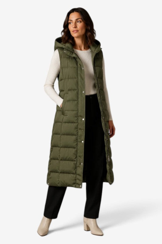 Puff - Langes gesteppte Gilet für Damen mit verstellbarer Kapuze und Stehkragen
