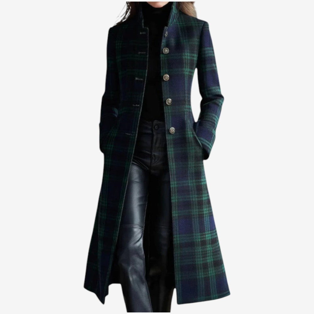 Karofit - Mittellanger Damenmantel mit Karomuster und Knopfleiste