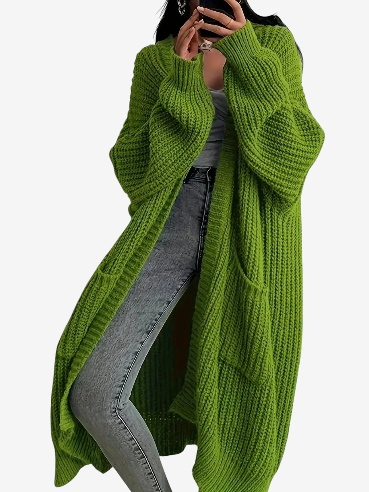 Knitlen - Langer Damen-Cardigan mit Zopfmuster und Rundhalsausschnitt