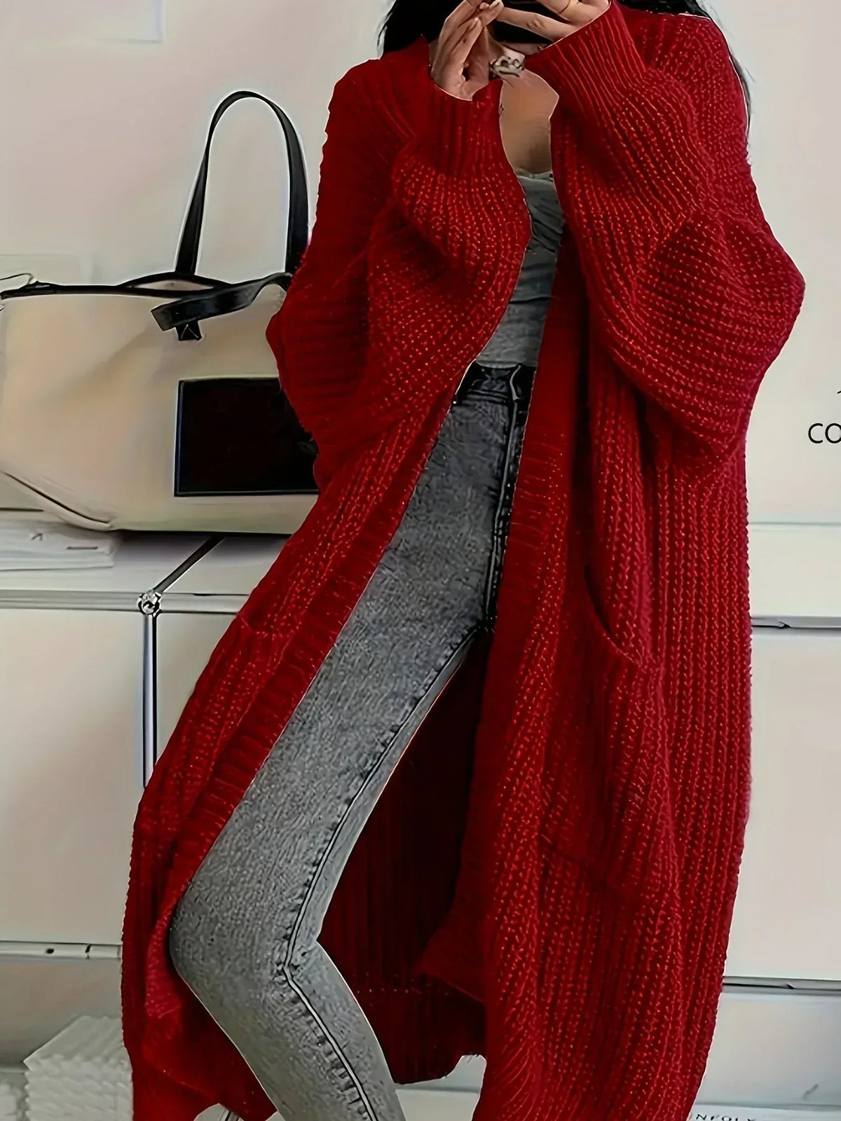 Knitlen - Langer Damen-Cardigan mit Zopfmuster und Rundhalsausschnitt
