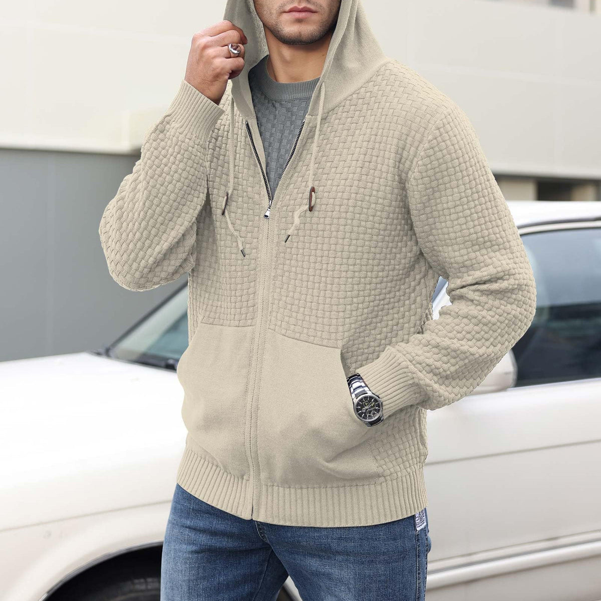 Ribmere - Herren-Sweatshirt mit Kapuze und Zopfmuster