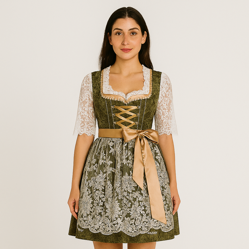 Damen-Dirndl mit Spitzenmieder und Stickereien