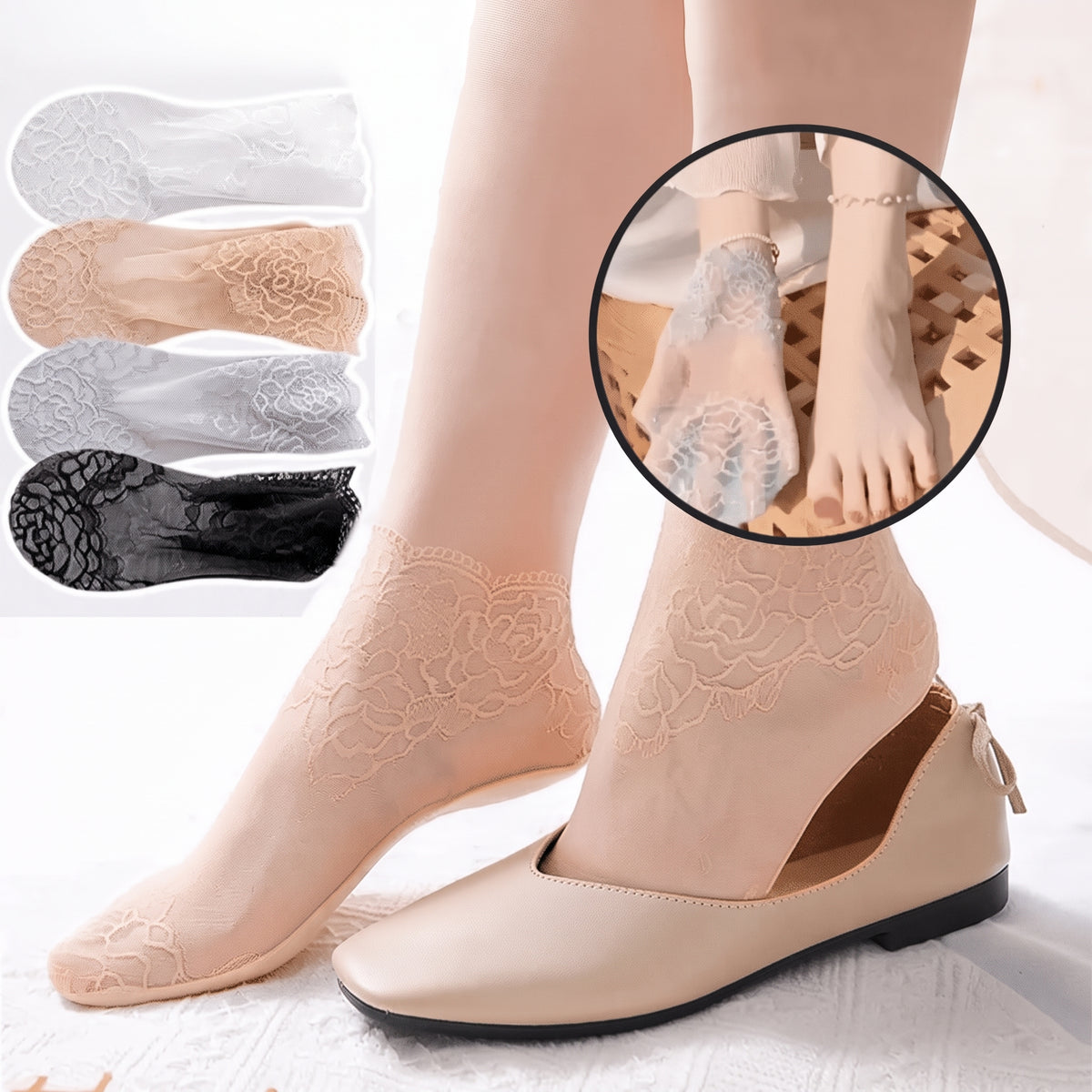 Lacevia - Damen-Spitzensocken mit floralem Design im 4er-Set