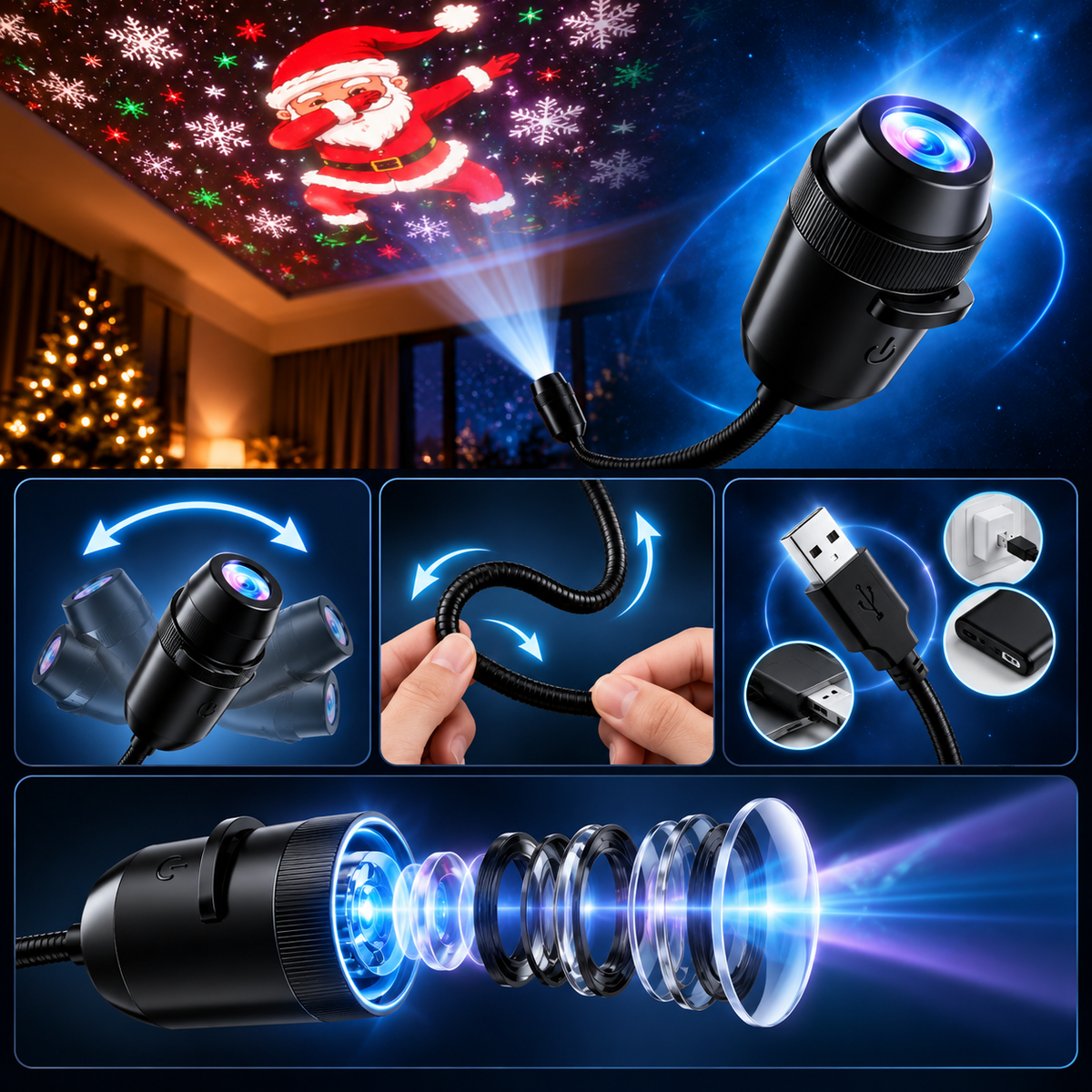 FestivoBeam - USB LED Projektorlampe mit Weihnachtsmotiven