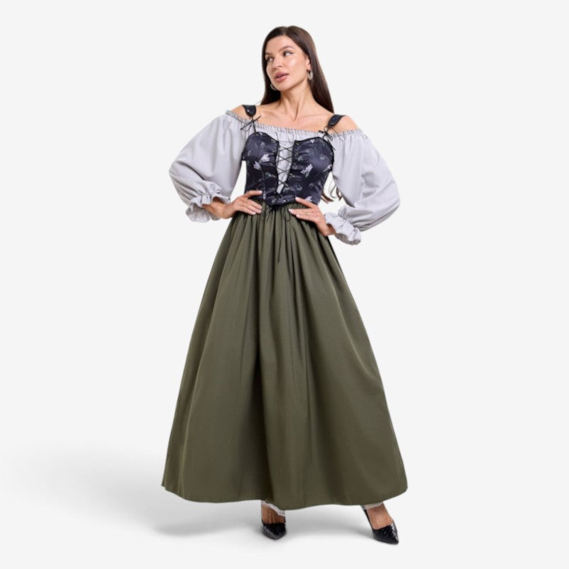 Alpen - Damen Trachtenkleid mit Puffärmeln und elastischem Ausschnitt