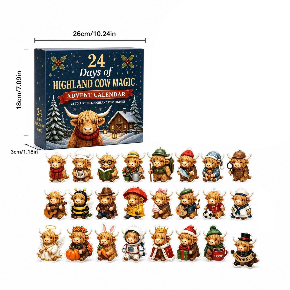 Cowvent - Adventskalender mit Highland-Kuh-Motiven und 24 Anhängern