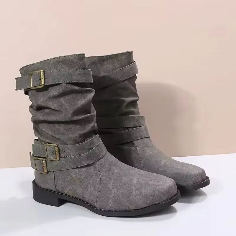 Damen Stiefeletten mit runder Spitze und Metallverzierungen
