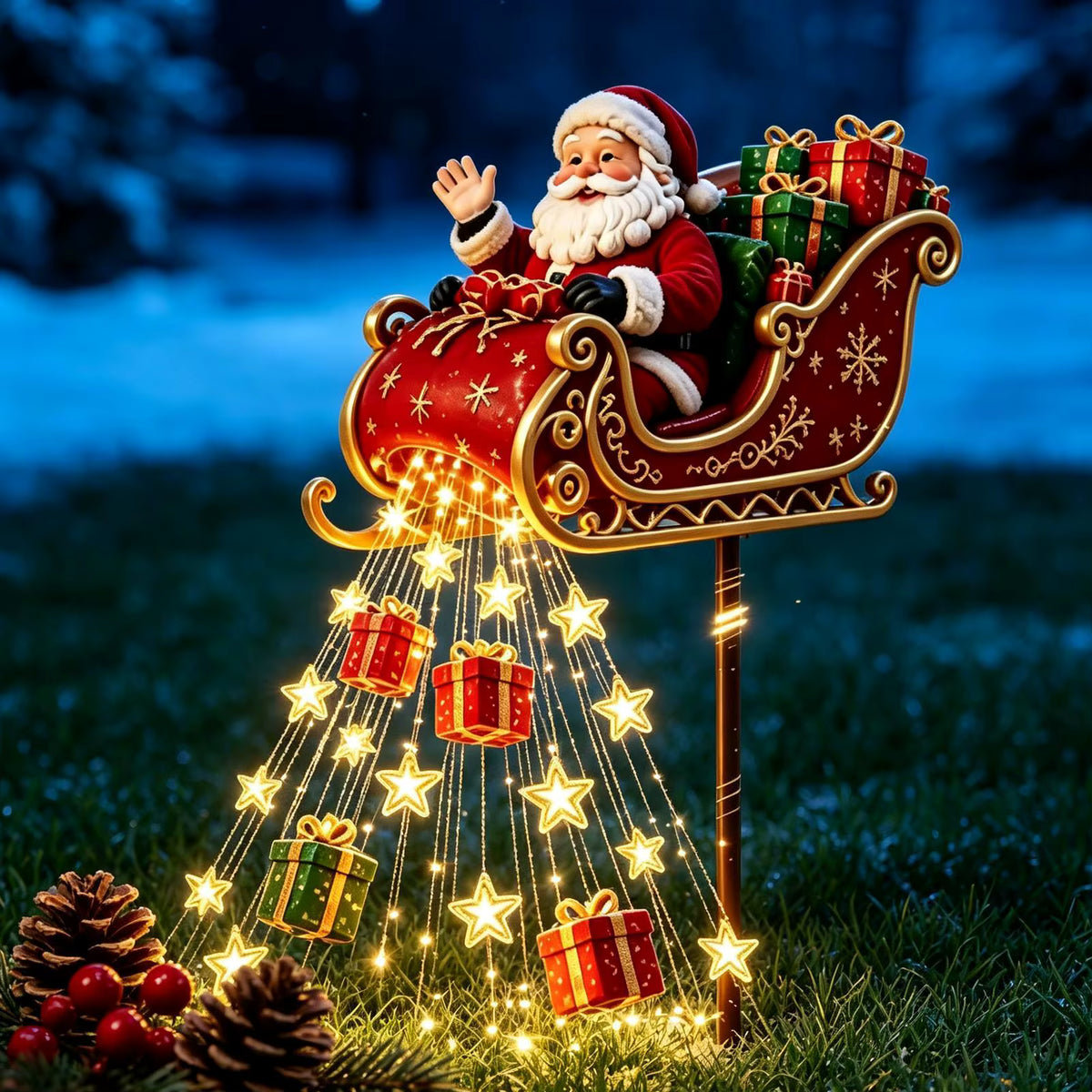 Clausglow - Solarbetriebene Weihnachtsdekoration mit fliegendem Schlitten
