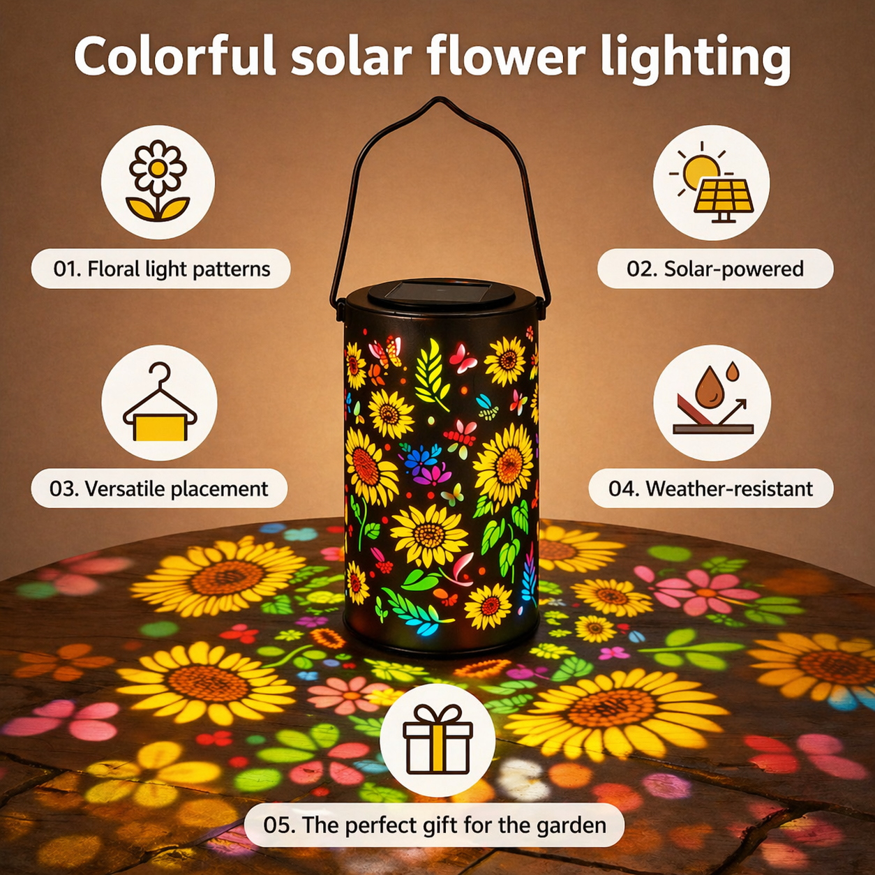 Solar-Gartenlaterne | Blütenmuster | Lichtprojektion | GardenFlare
