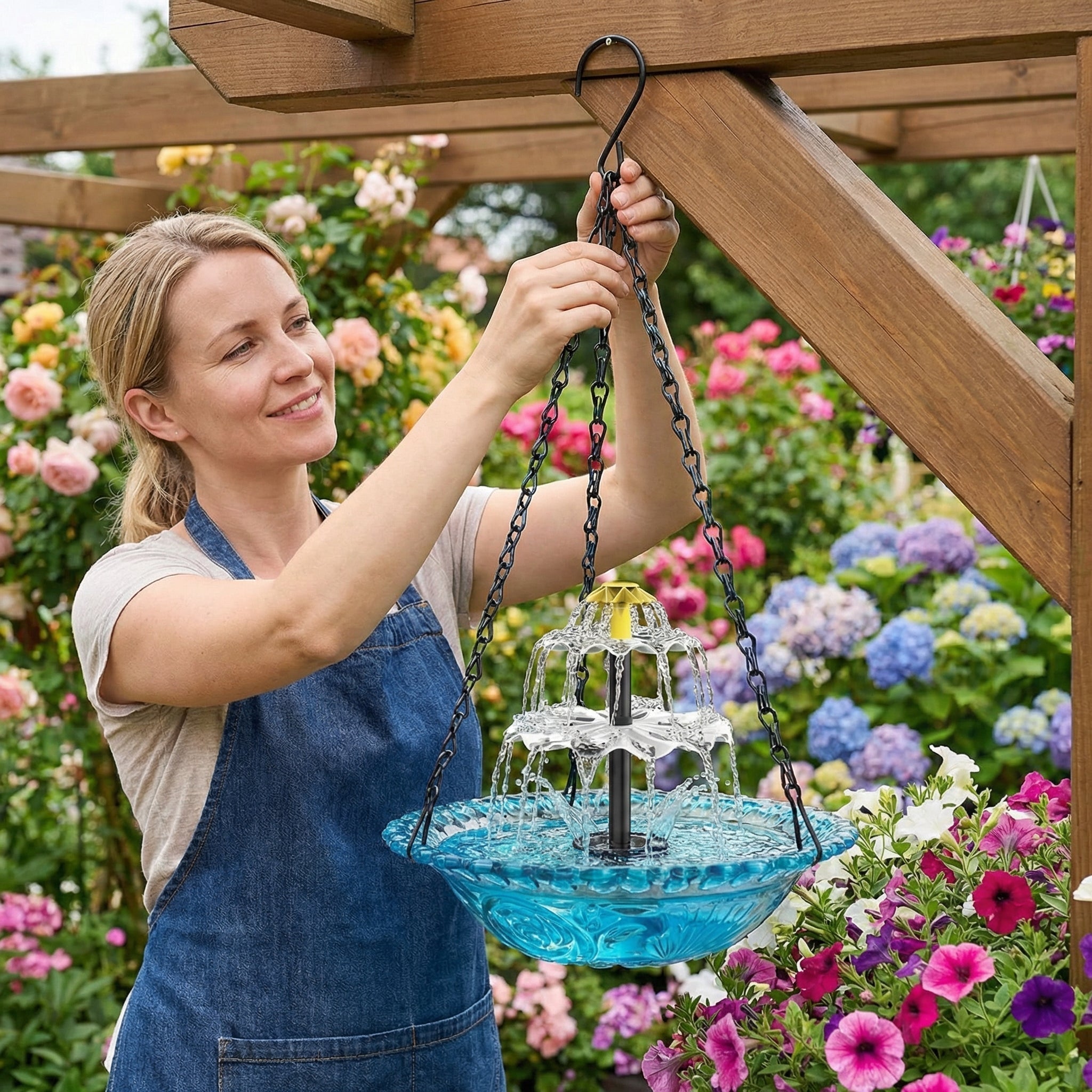 Solarbetriebene Hängende Vogeltränke mit Springbrunnen | Zweistufig | Glasschale | Aquavio
