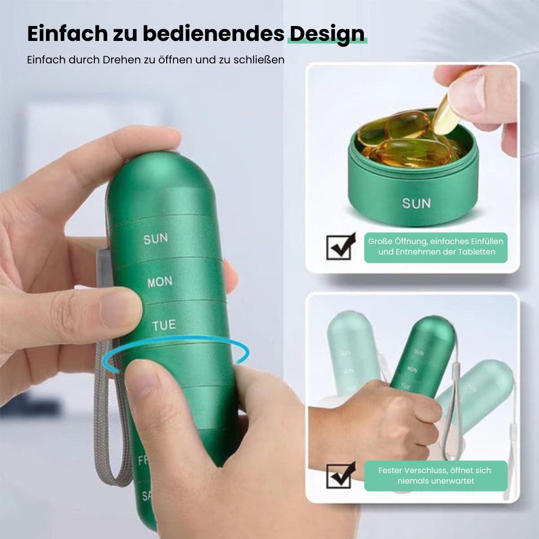 Pillora - Kompakte Pillenbox mit 7 Fächern und Silikondichtung