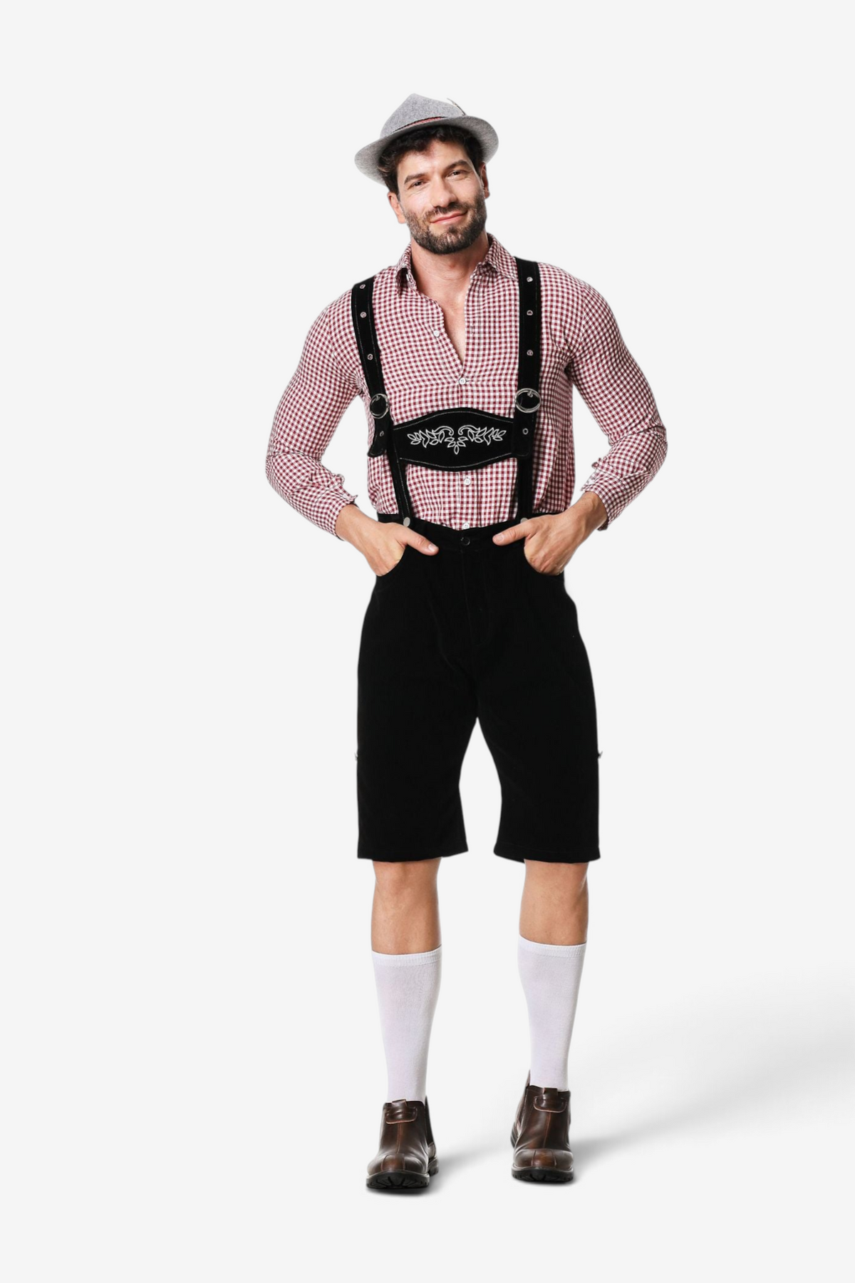 Hirschorn - Herren-Trachten-Kniebundhose mit verstellbaren Trägern und besticktem Brustlatz