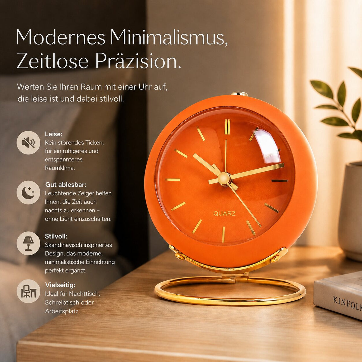 Metrahour - Leiser analoger Tischwecker mit Leuchtzeigern