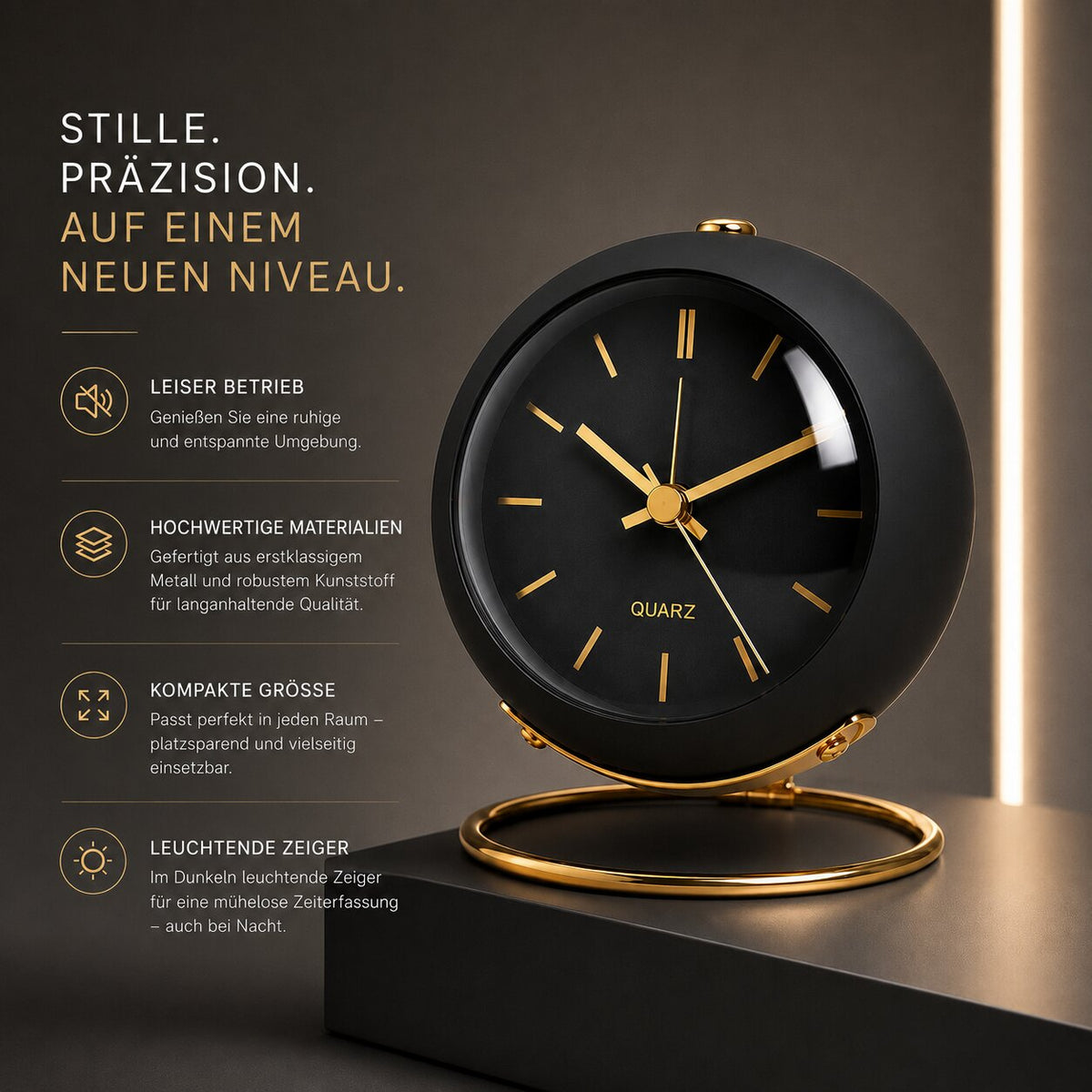 Metrahour - Leiser analoger Tischwecker mit Leuchtzeigern