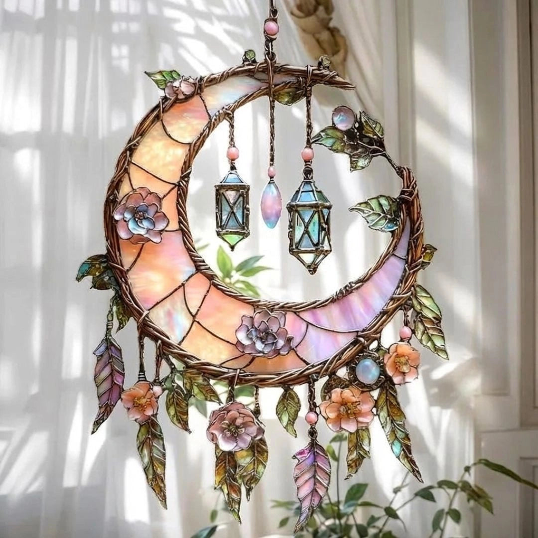 Lunaria - Fensterdekoration mit Halbmond und Blumen für Innenräume