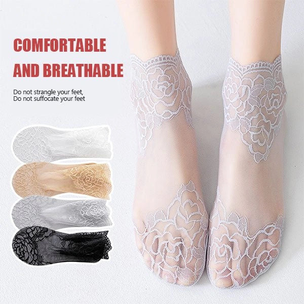 Lacevia - Damen-Spitzensocken mit floralem Design im 4er-Set