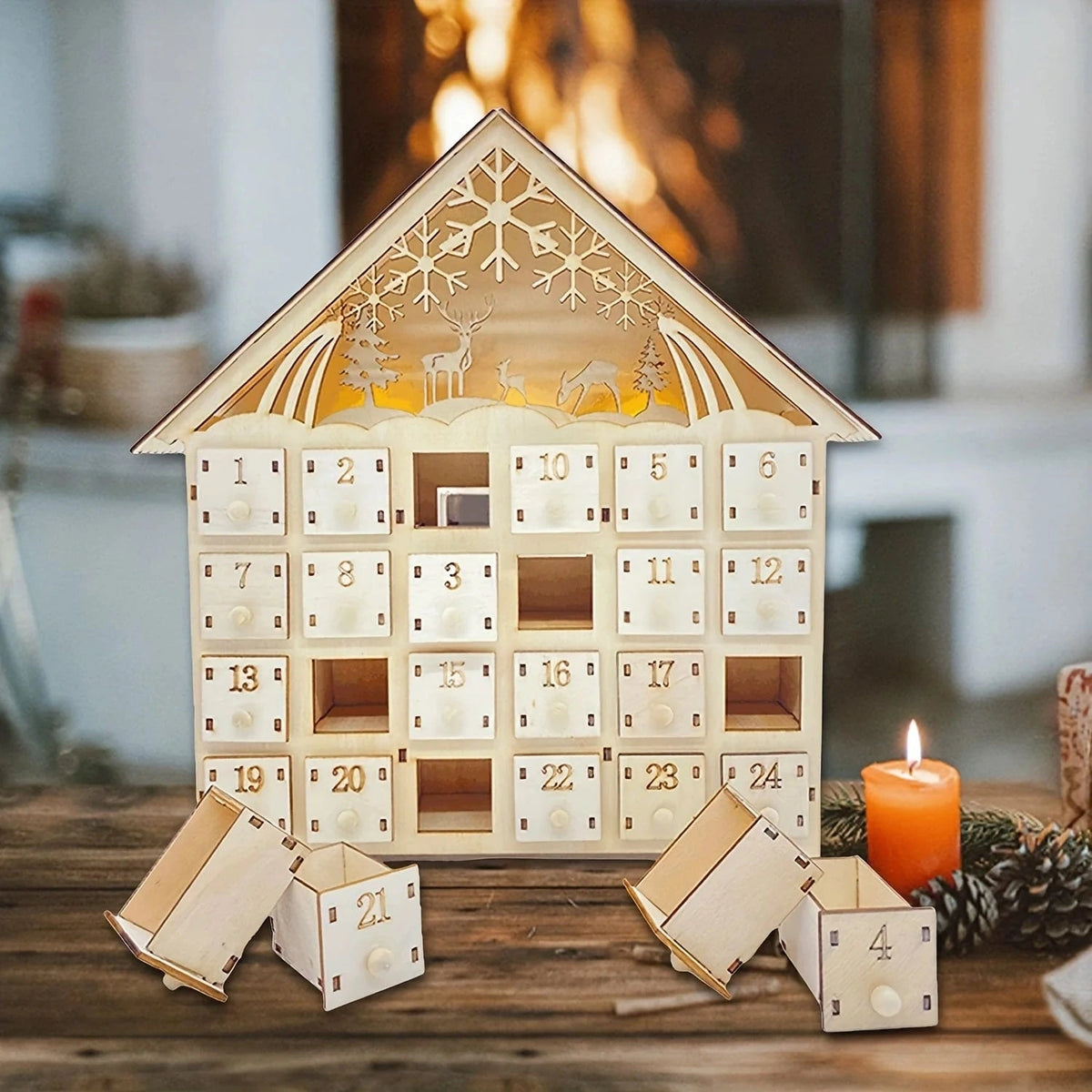 Yuleglow - Holz-Adventskalender mit integrierter LED-Beleuchtung