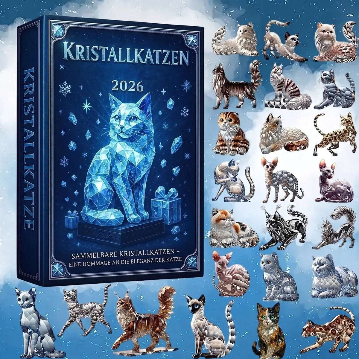 Clawmas - Adventskalender mit Katzenfiguren aus Acryl in Kristalloptik