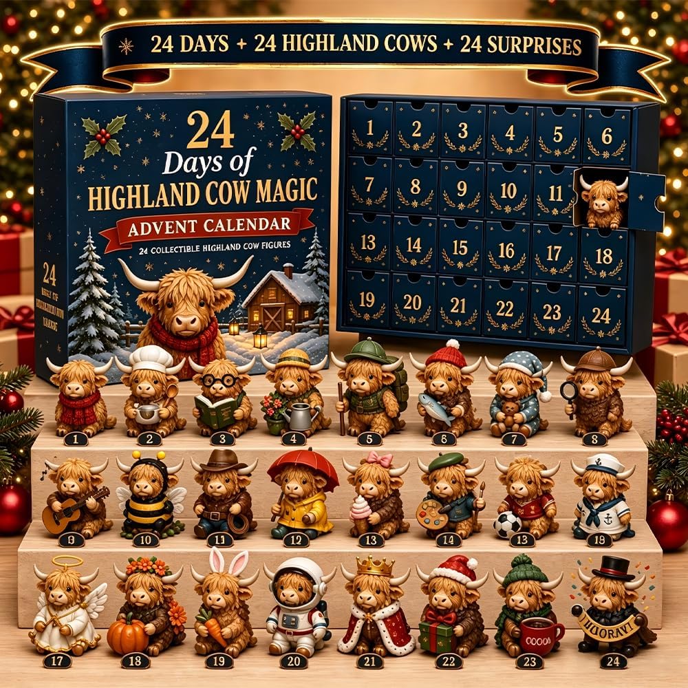 Cowvent - Adventskalender mit Highland-Kuh-Motiven und 24 Anhängern