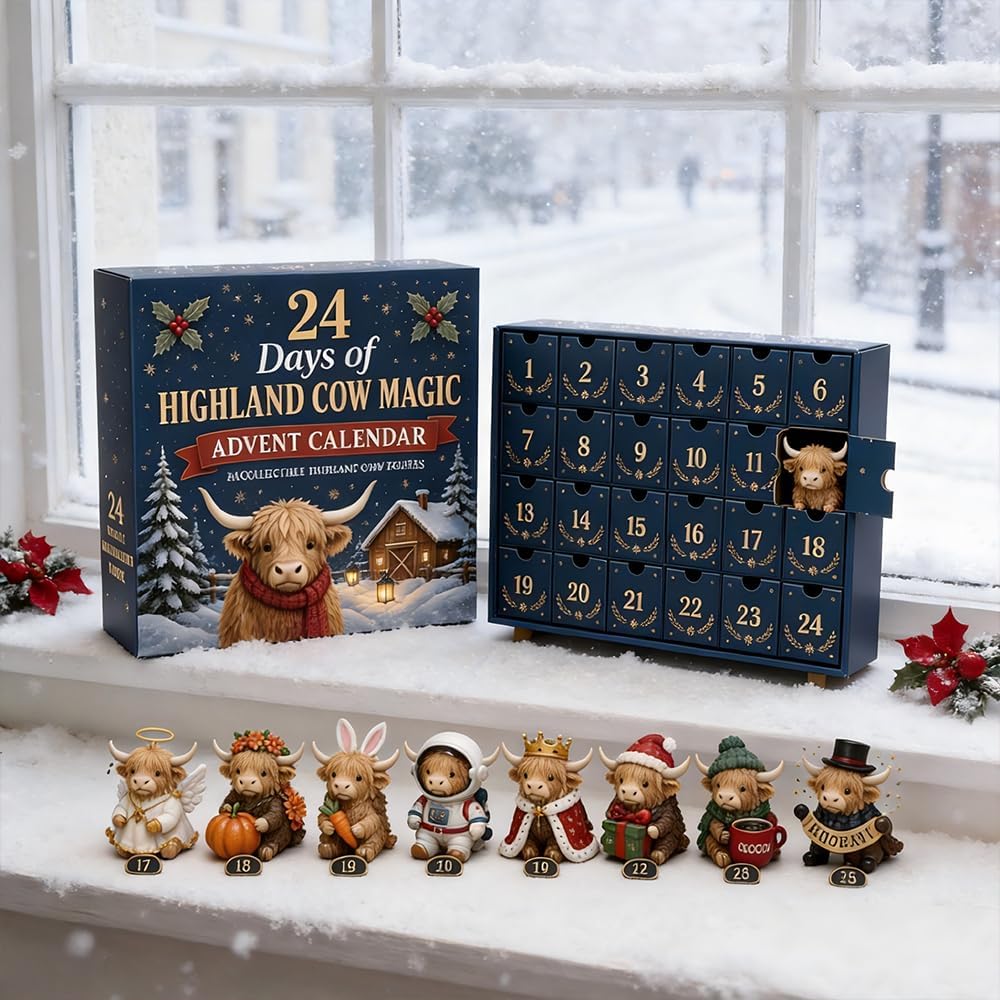 Cowvent - Adventskalender mit Highland-Kuh-Motiven und 24 Anhängern