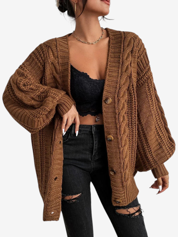 Cardivex - Damen-Strickjacke mit V-Ausschnitt und durchgehendem Zopfmuster