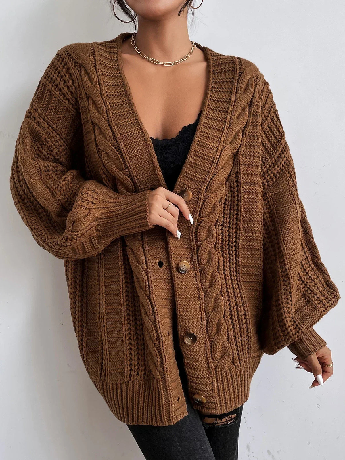 Cardivex - Damen-Strickjacke mit V-Ausschnitt und durchgehendem Zopfmuster
