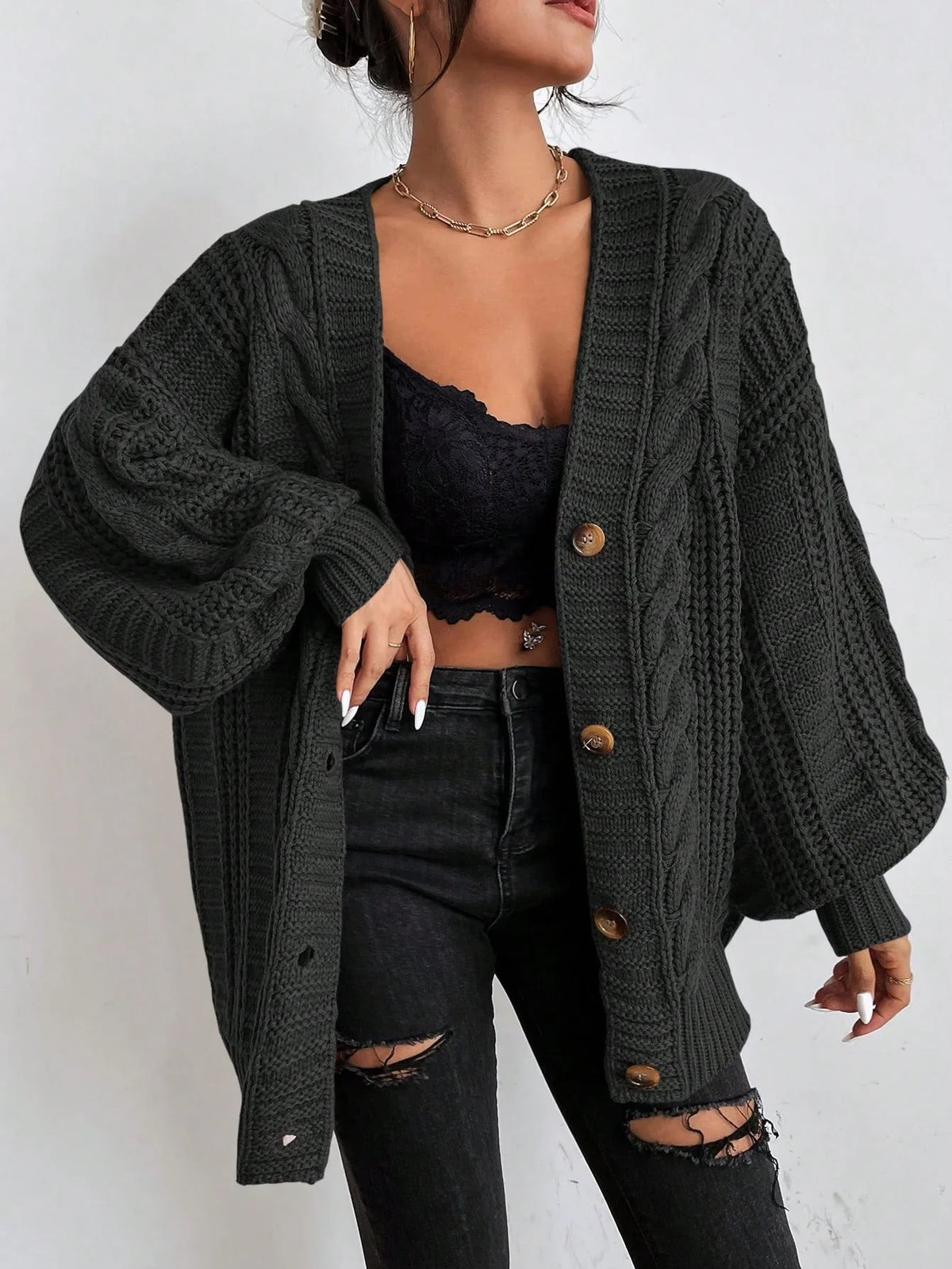 Cardivex - Damen-Strickjacke mit V-Ausschnitt und durchgehendem Zopfmuster