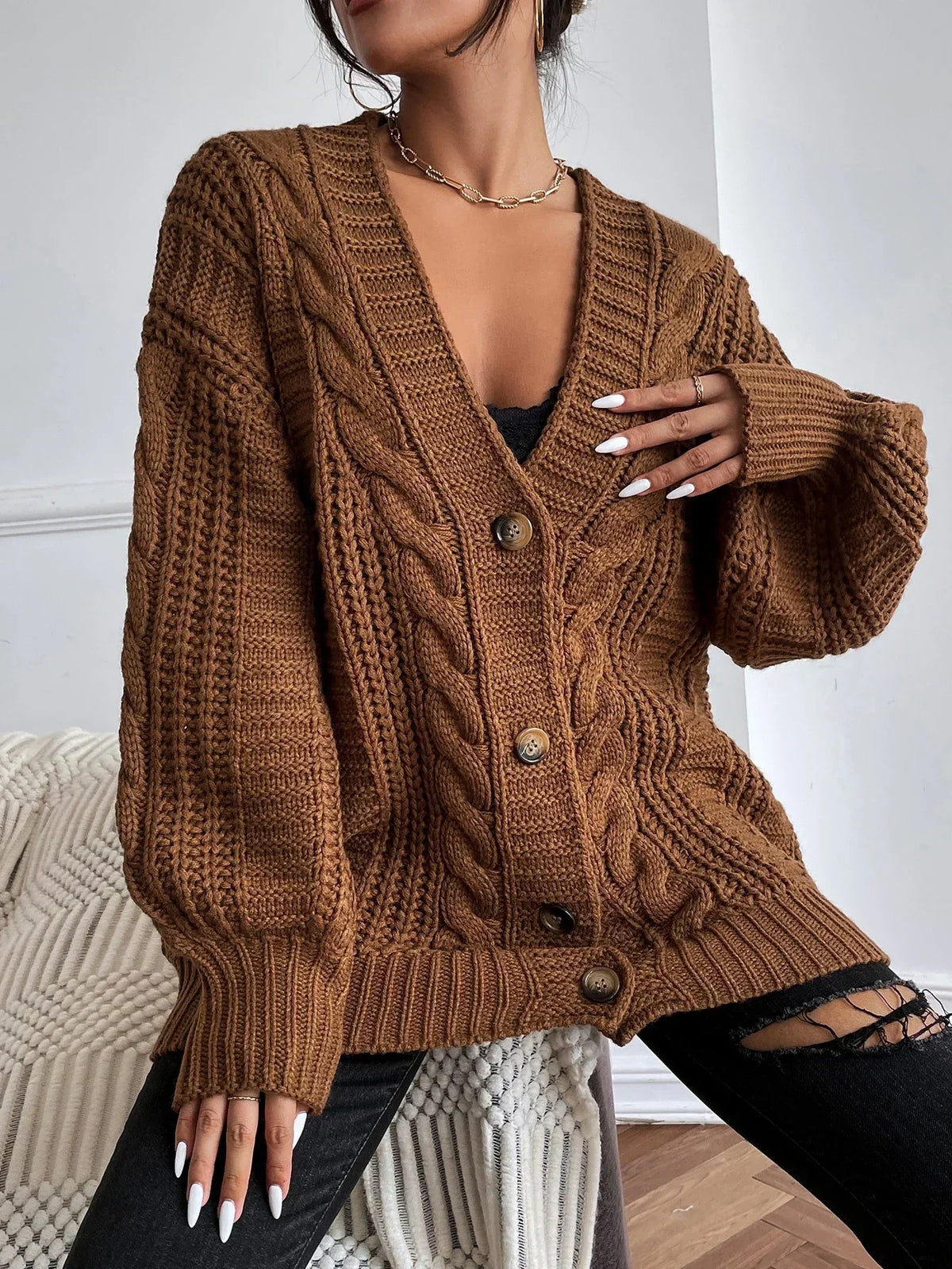 Cardivex - Damen-Strickjacke mit V-Ausschnitt und durchgehendem Zopfmuster