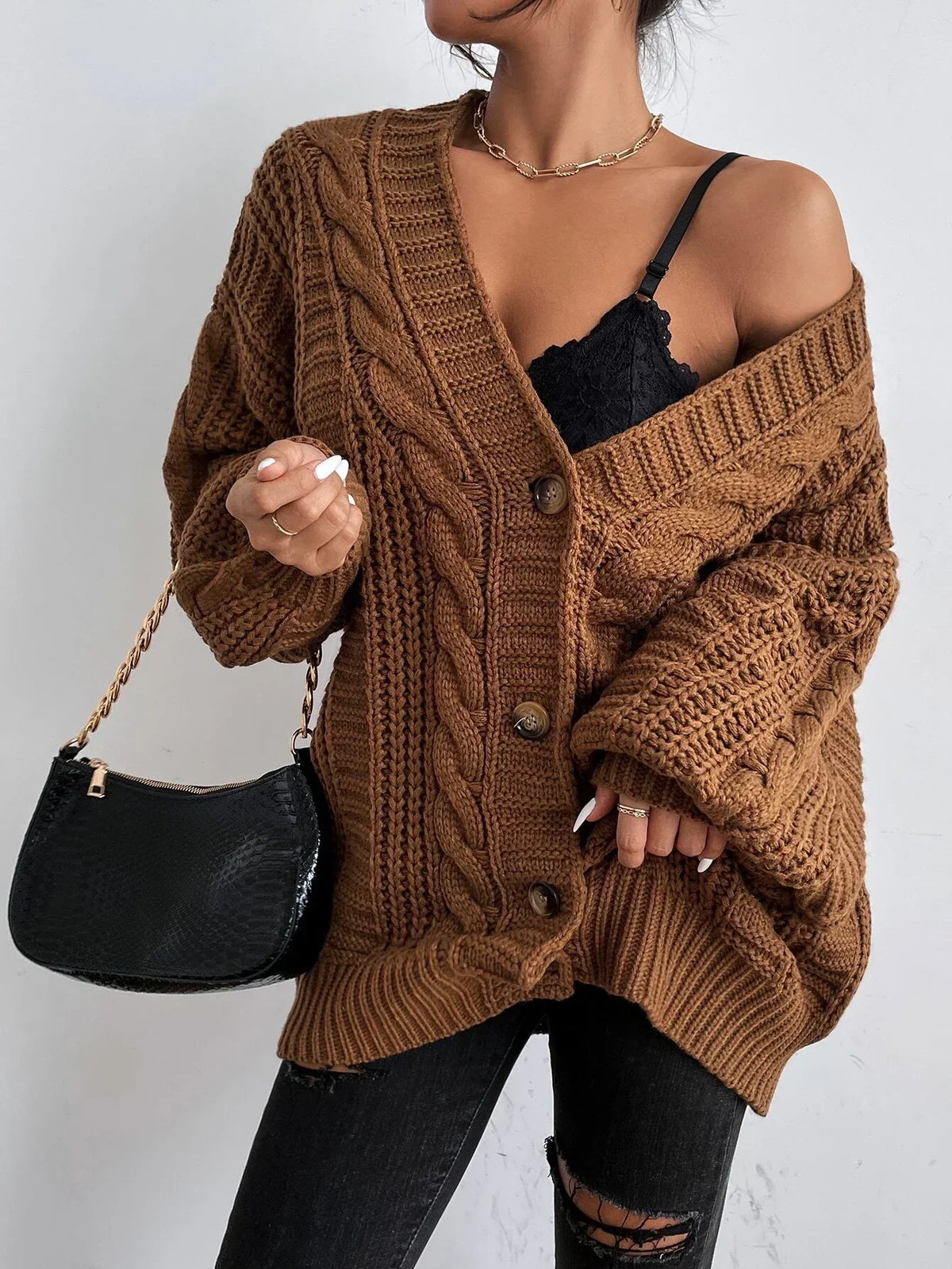 Cardivex - Damen-Strickjacke mit V-Ausschnitt und durchgehendem Zopfmuster