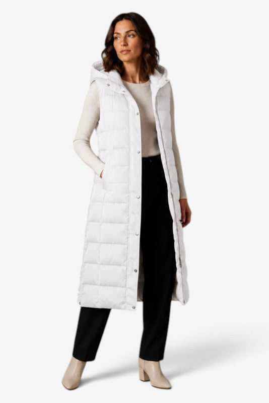 Puff - Langes gesteppte Gilet für Damen mit verstellbarer Kapuze und Stehkragen