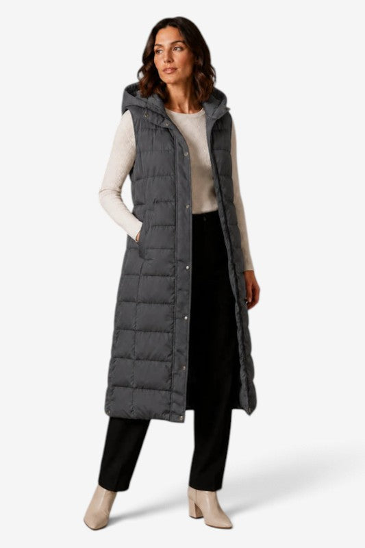 Puff - Langes gesteppte Gilet für Damen mit verstellbarer Kapuze und Stehkragen