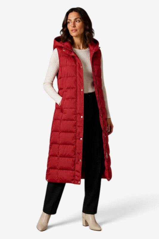Puff - Langes gesteppte Gilet für Damen mit verstellbarer Kapuze und Stehkragen