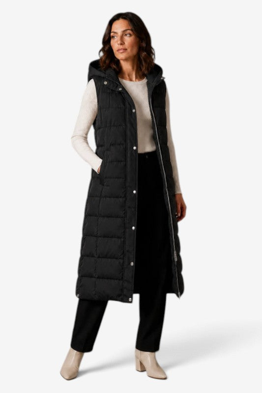 Puff - Langes gesteppte Gilet für Damen mit verstellbarer Kapuze und Stehkragen