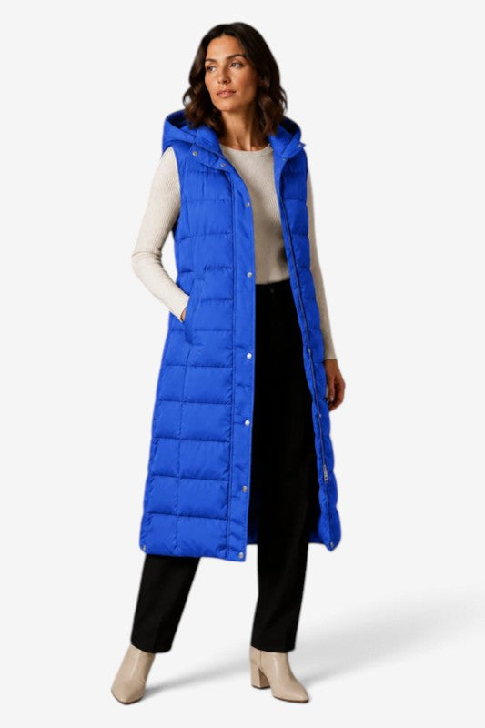 Puff - Langes gesteppte Gilet für Damen mit verstellbarer Kapuze und Stehkragen