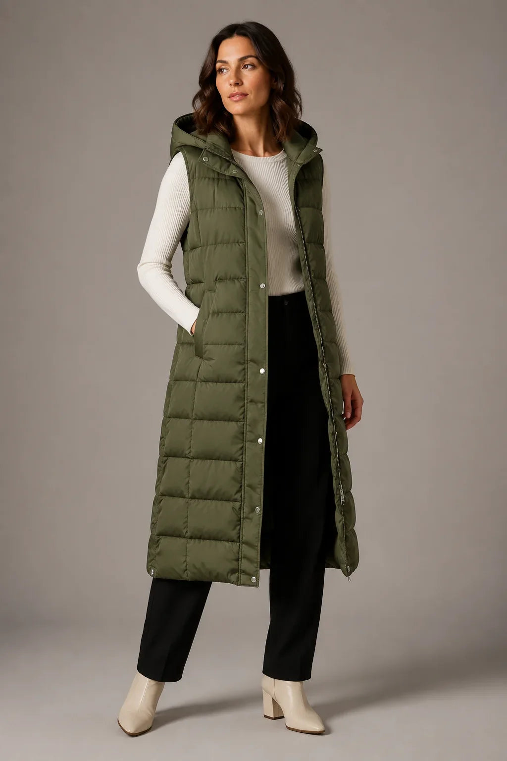 Puff - Langes gesteppte Gilet für Damen mit verstellbarer Kapuze und Stehkragen