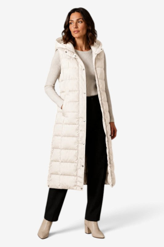 Puff - Langes gesteppte Gilet für Damen mit verstellbarer Kapuze und Stehkragen