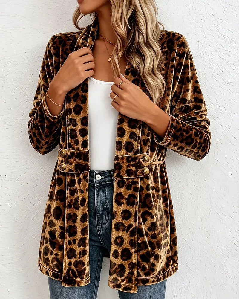 Shawlena - Midilanger Cardigan für Damen mit Leopardenmuster und Schalkragen