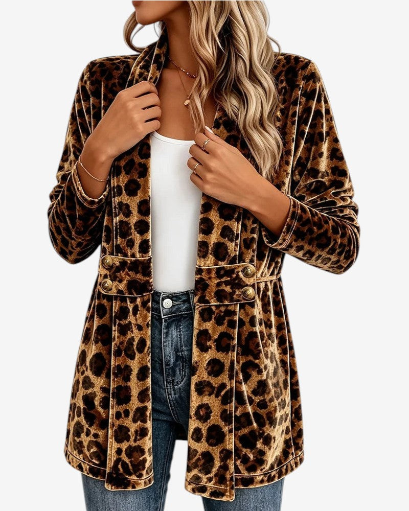 Shawlena - Midilanger Cardigan für Damen mit Leopardenmuster und Schalkragen