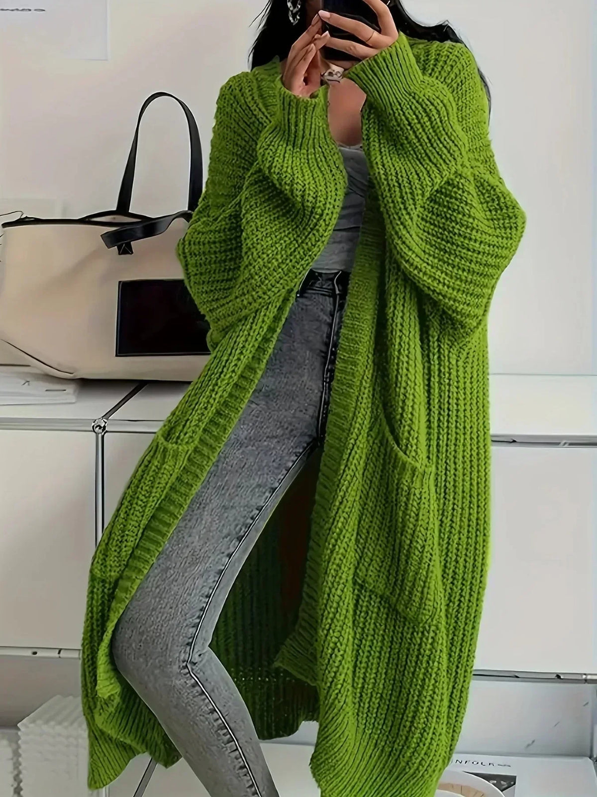 Knitlen - Langer Damen-Cardigan mit Zopfmuster und Rundhalsausschnitt