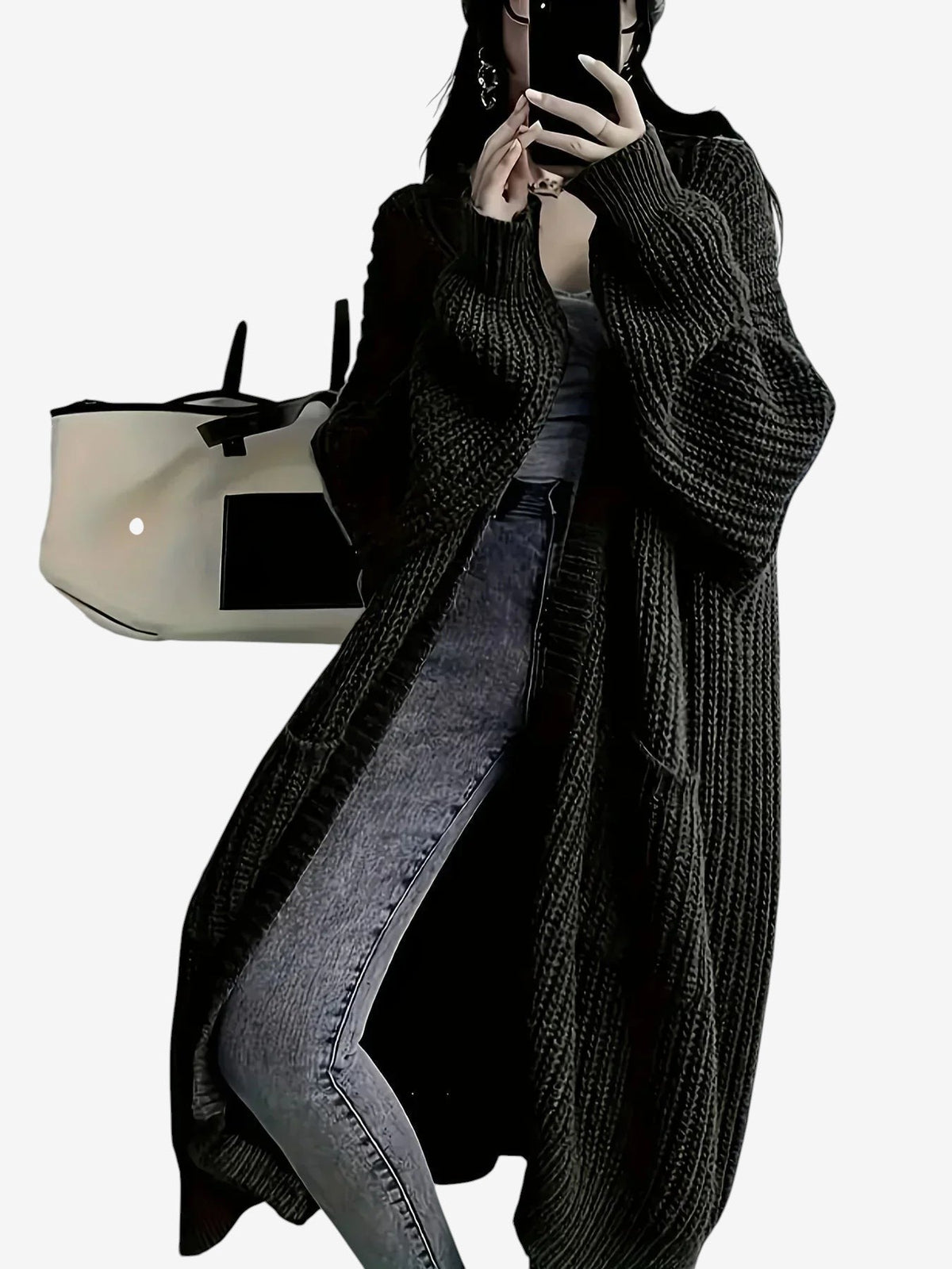 Knitlen - Langer Damen-Cardigan mit Zopfmuster und Rundhalsausschnitt